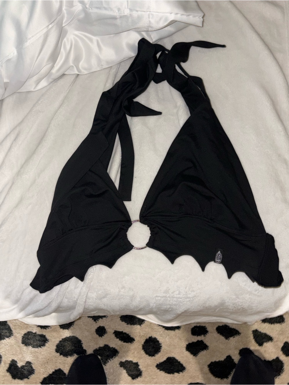Black Women's Halter Bikini Top with Ring Accent - Brand:forest  ink